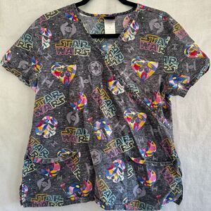 Star Wars Womens Scrub Top Gray Multicolor Rainbow Surplice Darth Vader Cotton M